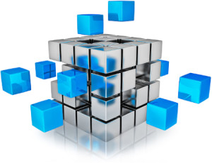 Business teamwork internet communication concept - cubes assembling into metal cubic structure isolated on white with reflection