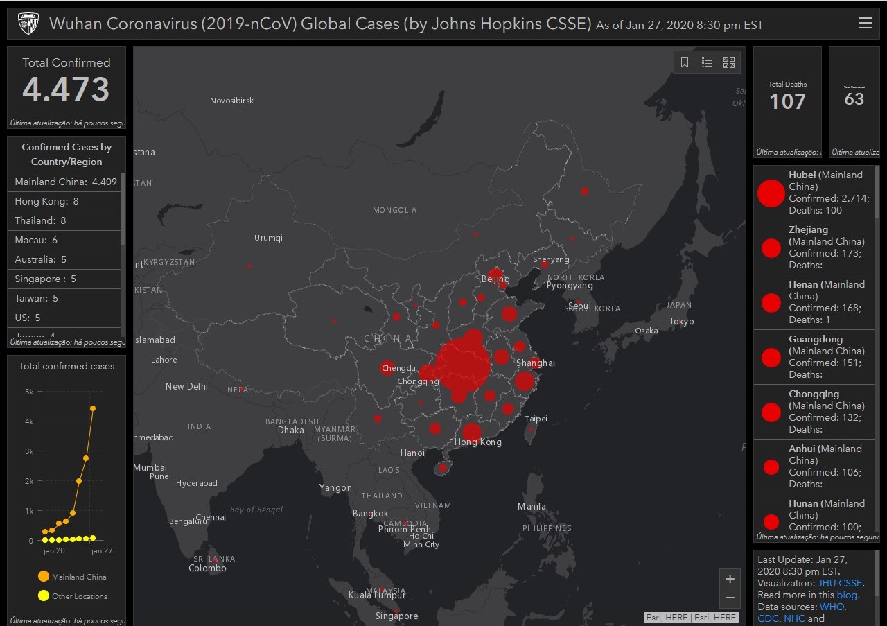 Mapa dinâmico que mostra localidades afetadas pelo coronavírus viraliza na internet